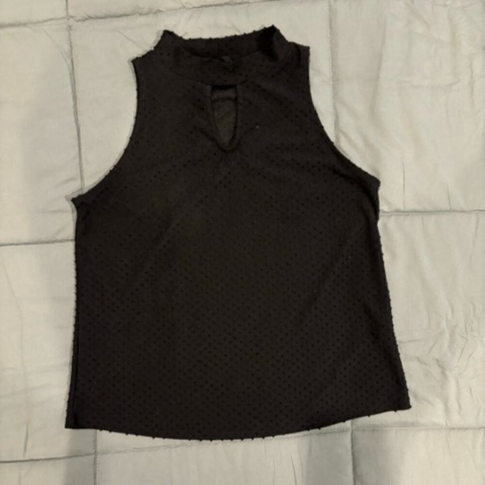 W5 Black Swiss Dot sleevless top with high neckline and keyhole peep front.